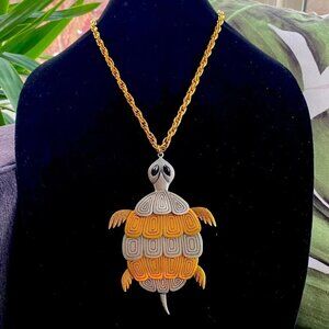 Vintage 1970s Articulated Gold-Pewter Turtle Statement Necklace